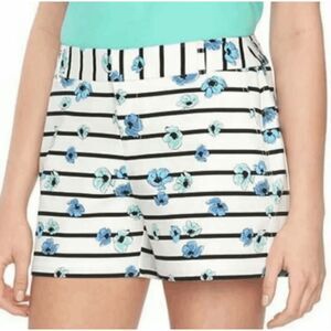 NWT ELLE White Black Blue Floral Striped Mid Waist Cotton Shorts 4" Inseam Women